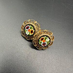 Vintage Screwback Earrings Italian Floral Micro Mosaic Flowers Gold Tone Italy